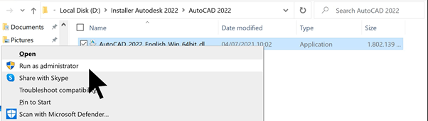 AutoCAD 2022 Run as administrator