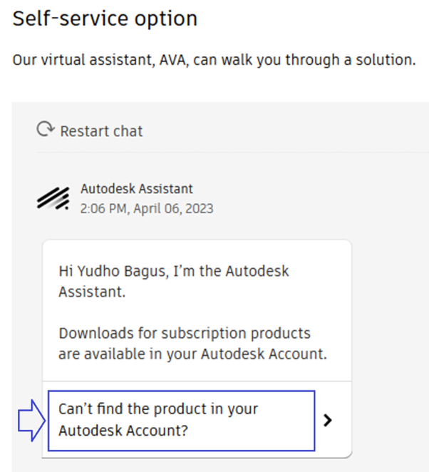 self service option cant find the product in your autodesk account